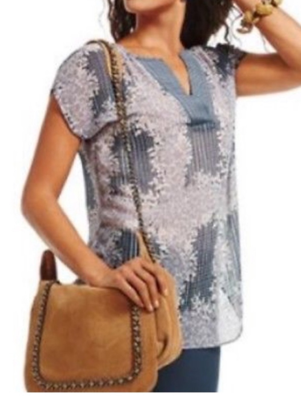 Cabi 278 Printed Stitch Placket Blouse Sheer Floral Geo Blue Size medium